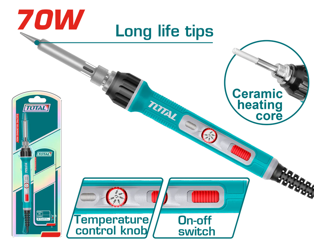 توتال تولز كاوية لحام قصدير كهرباء 70 وات ببكره للتحكم فى الحرارة - TET01606