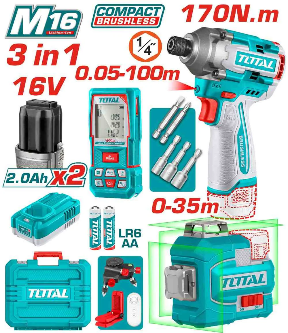tosli250886 كومبو1 16 فولت دريل 170 نيوتن + ميزان ليزر + متر ليزر 100 متر